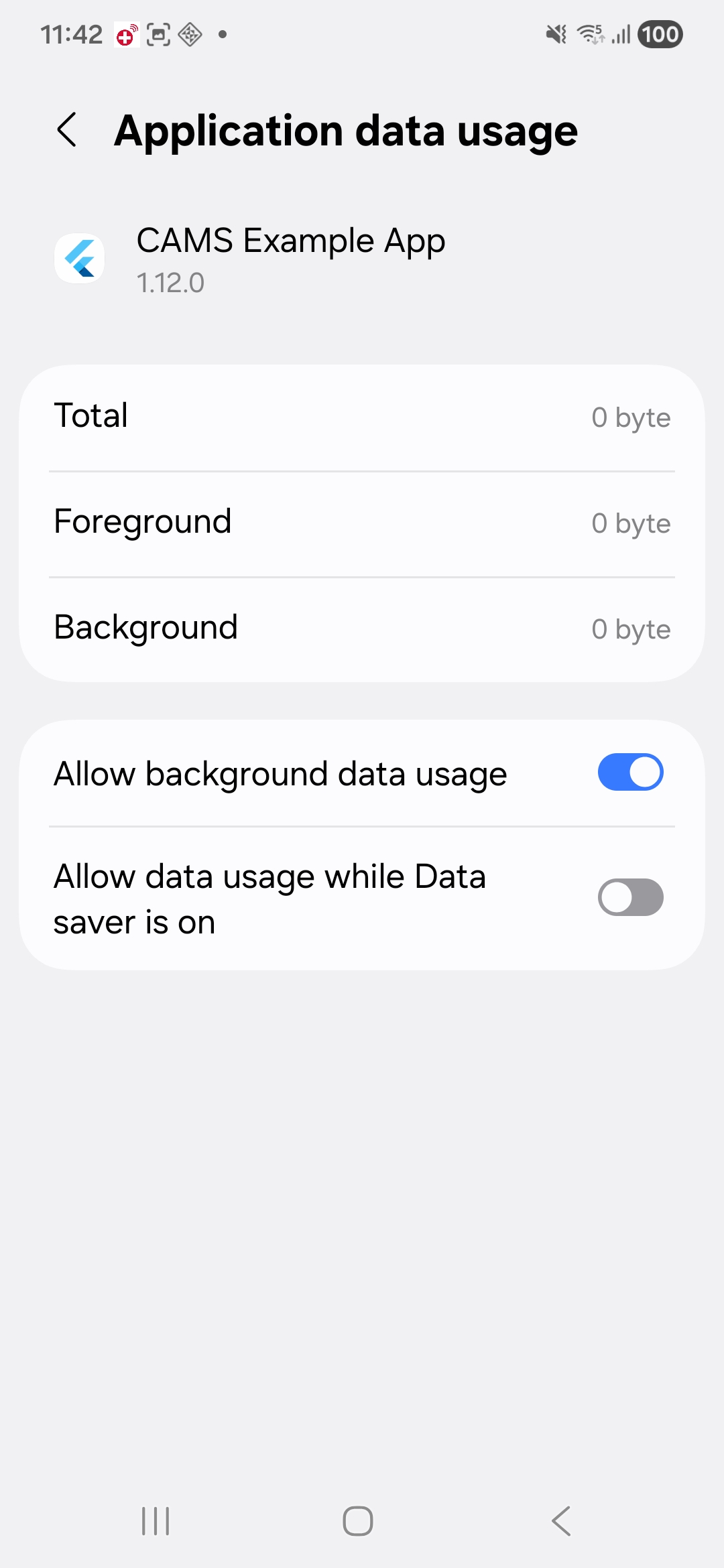 Android application data usage settings for the CAMS example app with Allow background data usage turned on