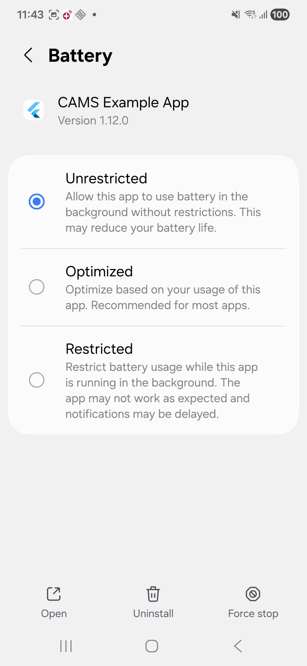 Android app battery settings for the CAMS example app with Unrestricted selected