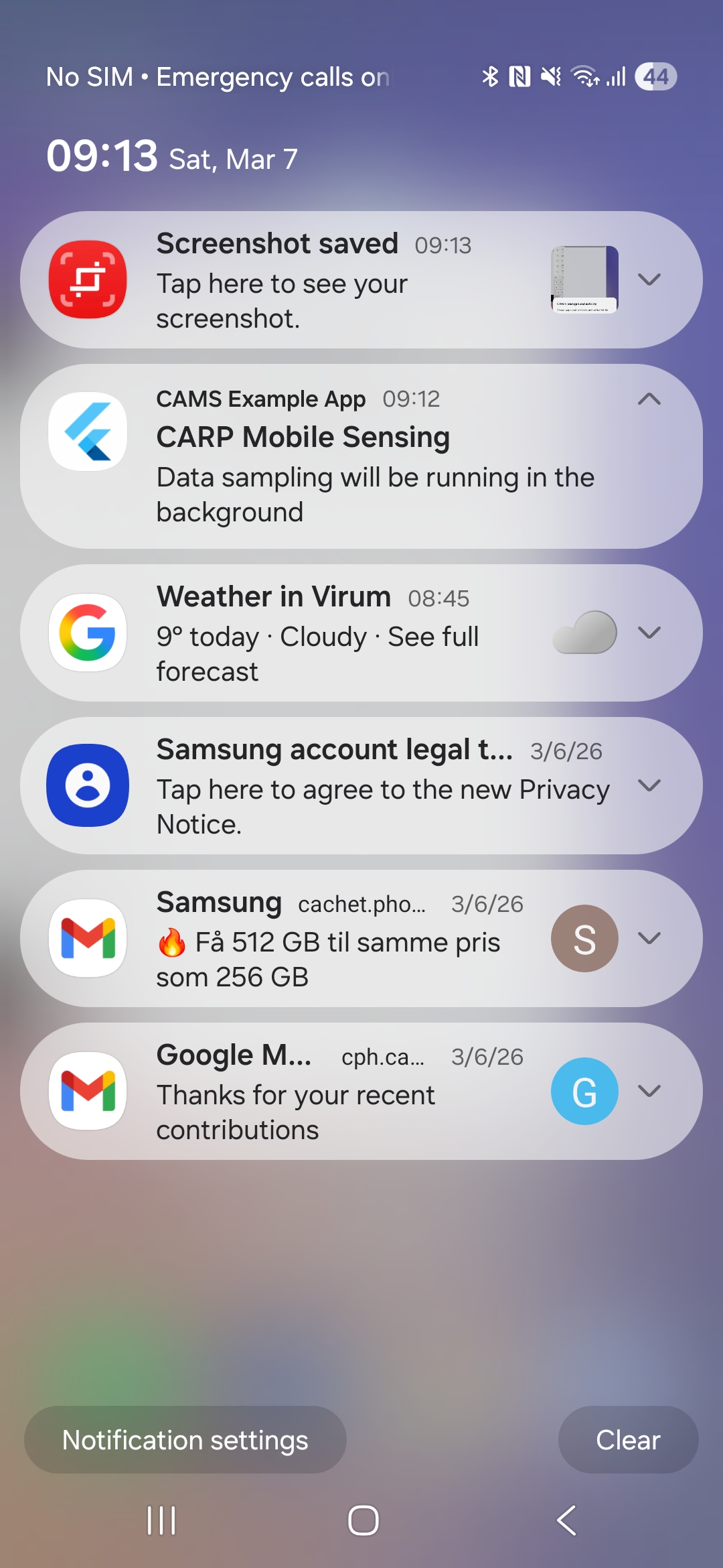Android notification shade showing the CARP Mobile Sensing notification with the text "Data sampling will be running in the background"