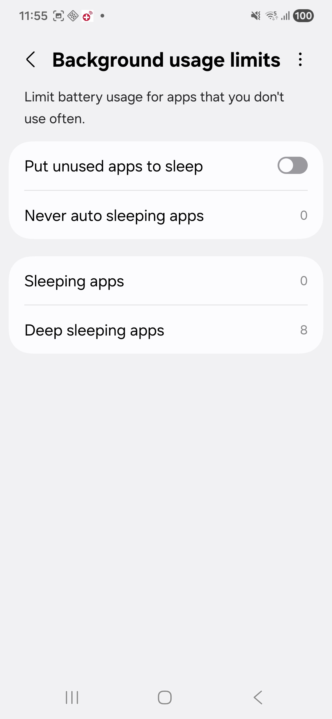 Android Background usage limits settings with Put unused apps to sleep turned off