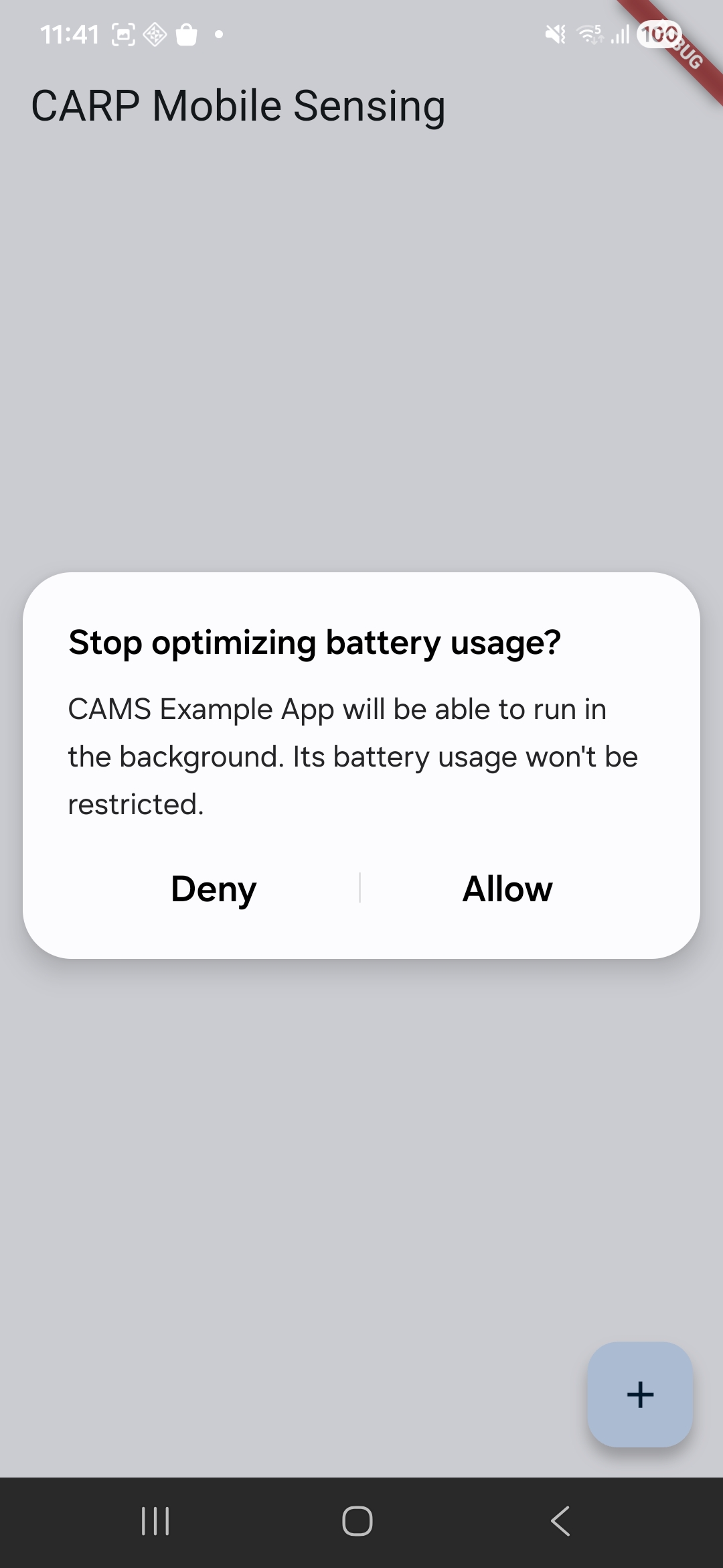 Android dialog asking whether to stop optimizing battery usage so the CAMS example app can run in the background, with Deny and Allow buttons