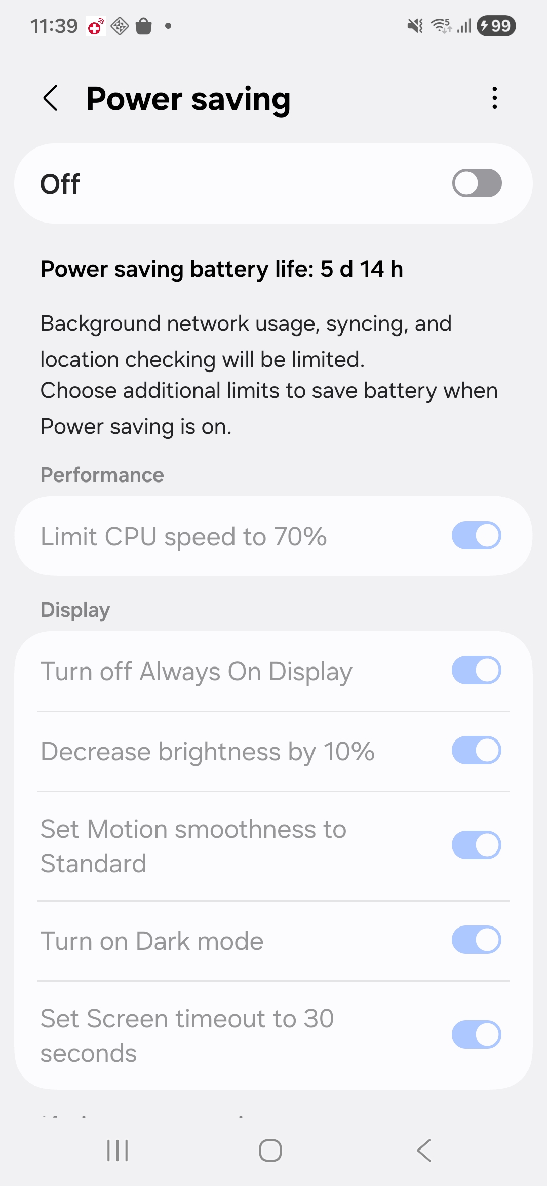 Android Power saving settings with power saving turned off