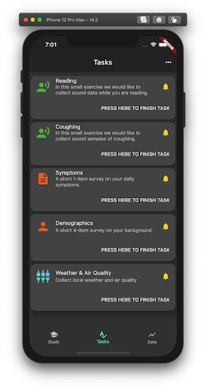 PulmonaryMonitor task list with Reading, Coughing, Symptoms, Demographics and Weather & Air Quality tasks, each with a PRESS HERE TO FINISH TASK button