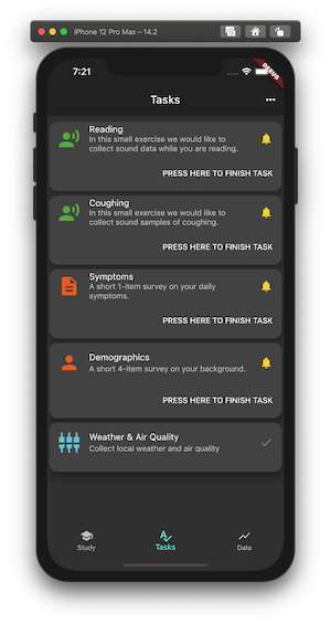 PulmonaryMonitor task list where the Weather & Air Quality task is done and shows a check mark instead of the button
