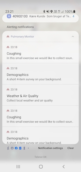 Android notification shade with PulmonaryMonitor notifications for new tasks, each showing the task title and description