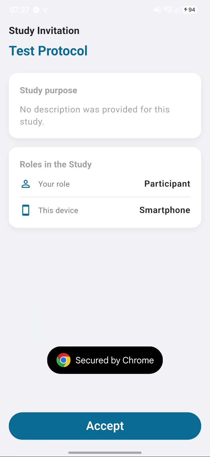 The study invitation with the Accept button