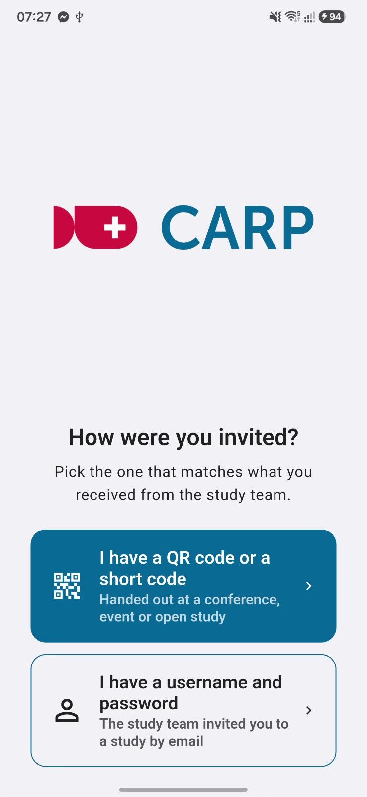 The first screen: QR code or short code, or username and password