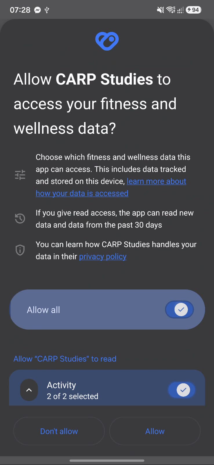 The health data permission, with the data types the study reads