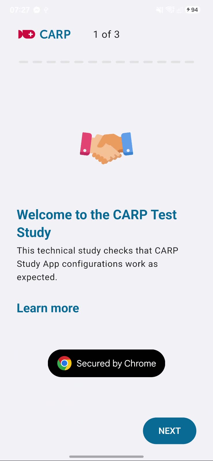 Welcome screen of the study